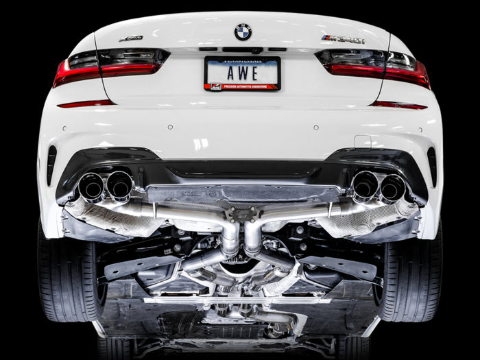 AWE Tuning 2019+ BMW M340i (G20) Track Edition Exhaust - Quad Chrome Silver Tips available at Damond Motorsports