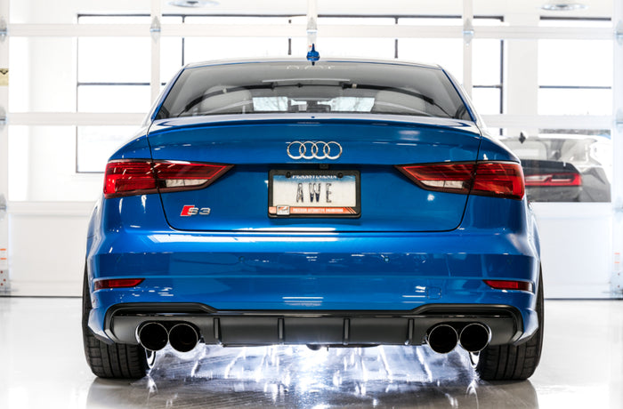 AWE Tuning Audi 8V S3 Track Edition Exhaust w/Chrome Silver Tips 102mm available at Damond Motorsports