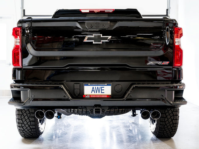 AWE Tuning 22-23 GMC Sierra 1500 AT4X 6.2L 0FG Catback Split Dual (Flat Bumper) - Chrome Silver Tips available at Damond Motorsports