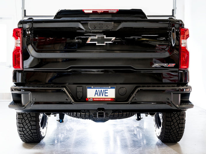 AWE Tuning 22-23 GMC Sierra 1500 AT4X 6.2L 0FG Catback Split Dual (Flat Bumper) - Bashguard(No Tips) available at Damond Motorsports