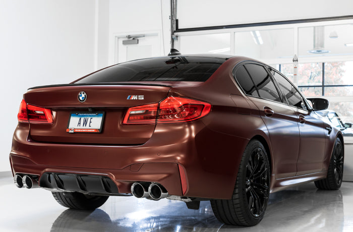 AWE Tuning 18-19 BMW F90 M5 SwitchPatch Cat-Back Exhaust- Black Diamond Tips available at Damond Motorsports