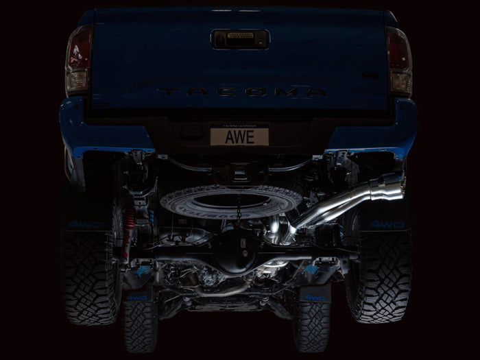 AWE 16-22 Toyota Tacoma 0FG Catback Exhaust w/ BashGuard - Dual Chrome Silver Tips available at Damond Motorsports