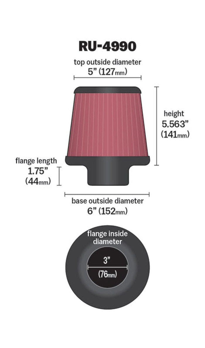 K&N Filter Universal Rubber Filter-Rd Tapered 3in Flange ID x 6in Base OD x 5in Top OD x 5.563in H available at Damond Motorsports